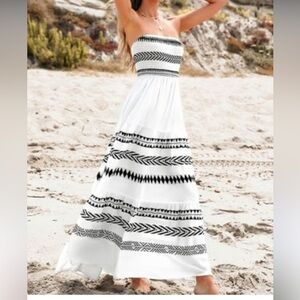 GAP Strapless Julie Maxi Dress | Grey & Off-White Striped | XS | Cotton